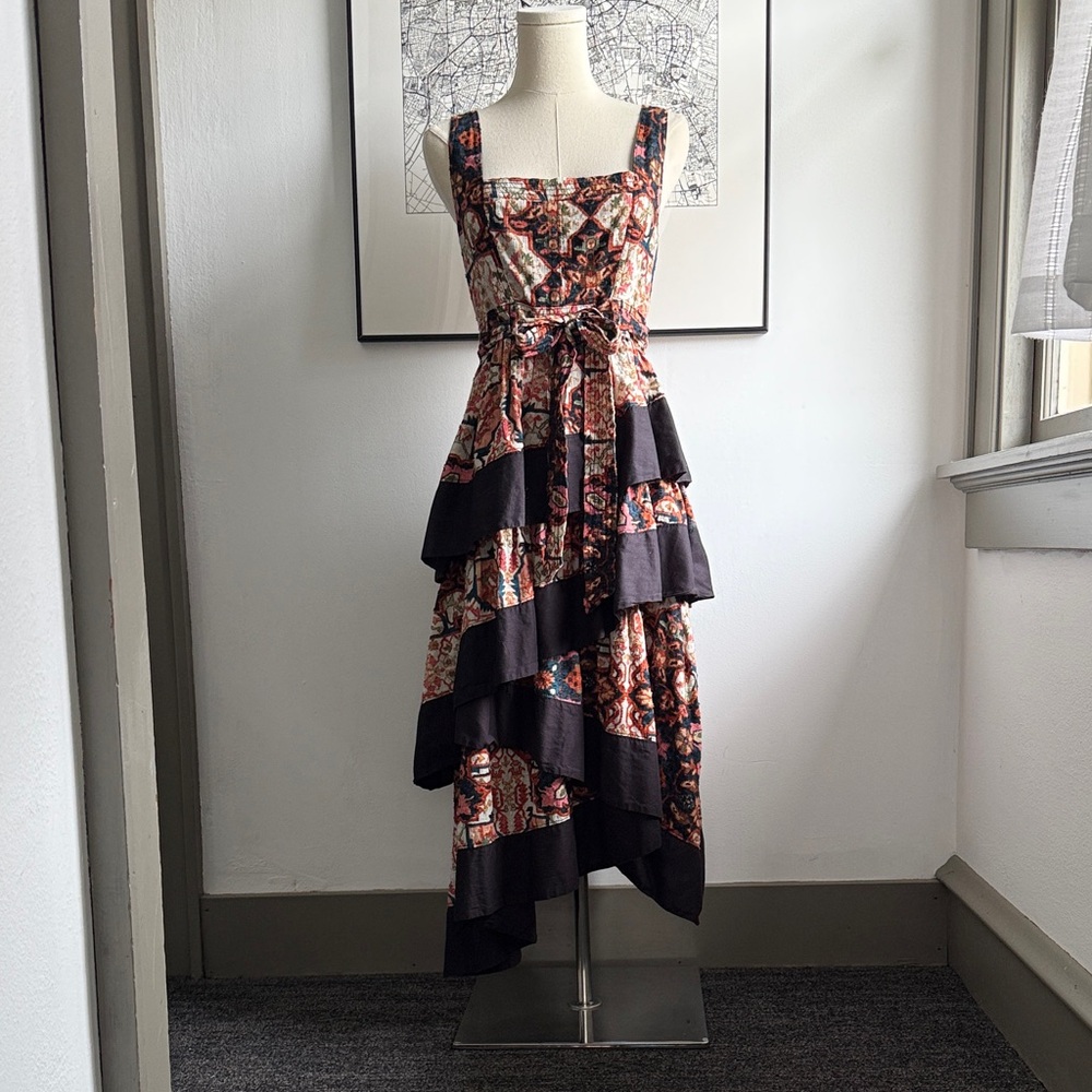 Anthropologie Black and Floral High Low Tiered Dress